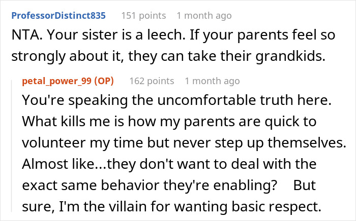 Reddit conversation showing user debating mom expecting endless babysitting from sister and shaming her for taking a trip. Reddit conversation showing user debating mom expecting endless babysitting from sister and shaming her for taking a trip.