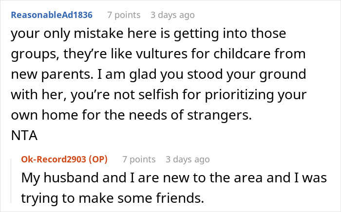 Screenshot of online discussion where a mom assumes neighbor will babysit because she’s a SAHM and faces pushback. Screenshot of online discussion where a mom assumes neighbor will babysit because she’s a SAHM and faces pushback.