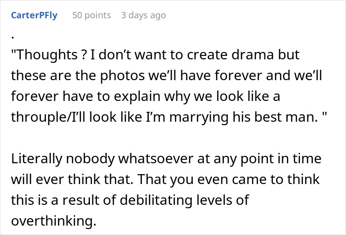 Bride wants to exclude best man from wedding photos due to his outfit, highlighting stereotypical American wedding issues. Bride wants to exclude best man from wedding photos due to his outfit, highlighting stereotypical American wedding issues.