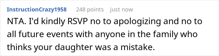 Comment defending young mom at family wedding, addressing accusations about shaming the bride’s legacy and illegitimate kid.