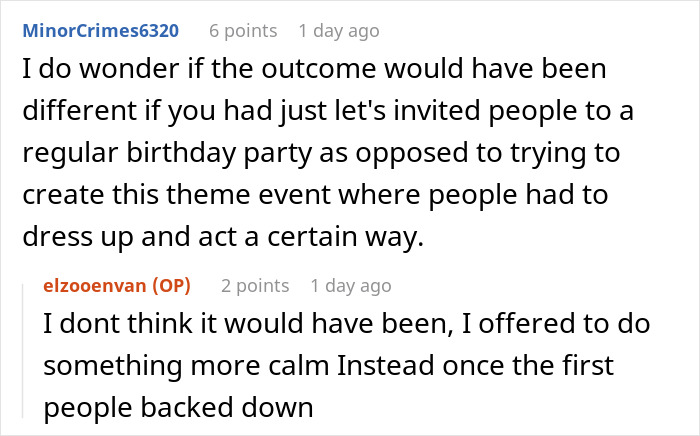 Reddit conversation discussing a birthday party with a ghost friend theme and longtime friends debating event style. Reddit conversation discussing a birthday party with a ghost friend theme and longtime friends debating event style.