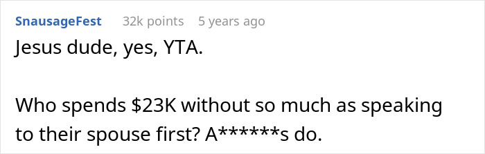 Screenshot of a Reddit comment discussing a man spending $23K on a 1972 Ford Bronco without consulting his postpartum wife.