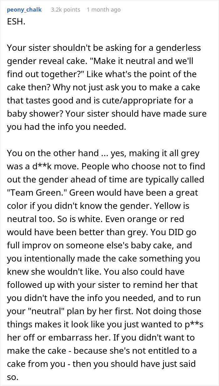 Comment discussing gray cake controversy at gender reveal party with blame placed on pregnant sister for cake choice. Comment discussing gray cake controversy at gender reveal party with blame placed on pregnant sister for cake choice.