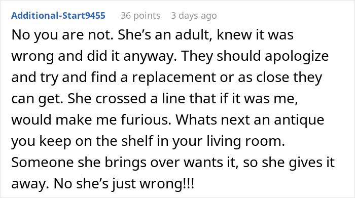 Text comment discussing anger over sister’s friends drinking irreplaceable champagne and the need for an apology. Text comment discussing anger over sister’s friends drinking irreplaceable champagne and the need for an apology.