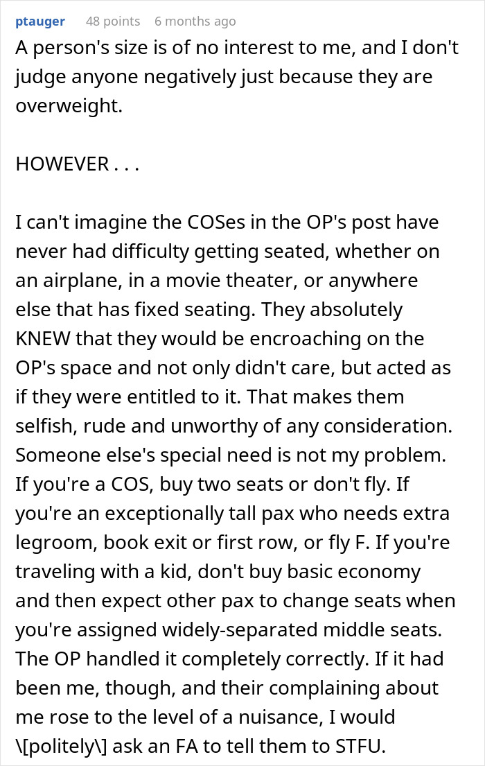 Obese woman arguing with passenger over armrest on airplane while flight attendant intervenes in middle seat conflict.