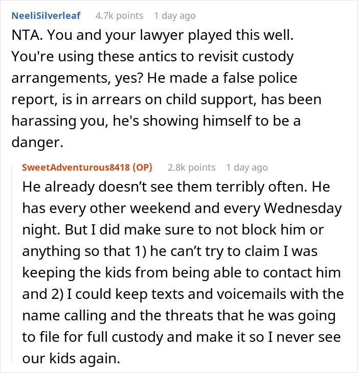 Screenshot of a Reddit conversation discussing legal custody and child support issues involving a woman and her ex. Screenshot of a Reddit conversation discussing legal custody and child support issues involving a woman and her ex.