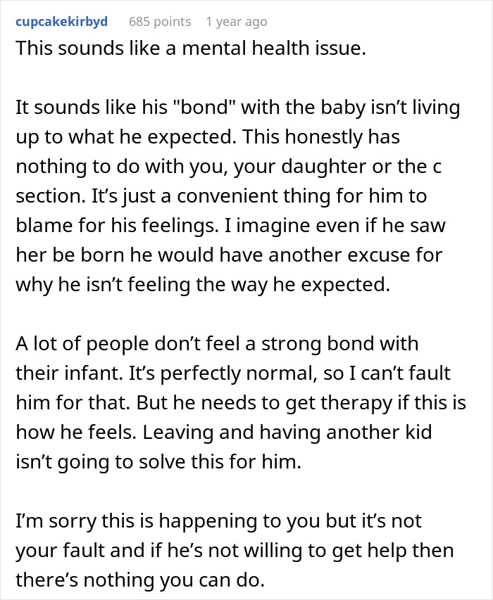 Comment discussing a man’s struggle to bond with his cesarean baby daughter and considering divorce. Comment discussing a man’s struggle to bond with his cesarean baby daughter and considering divorce.