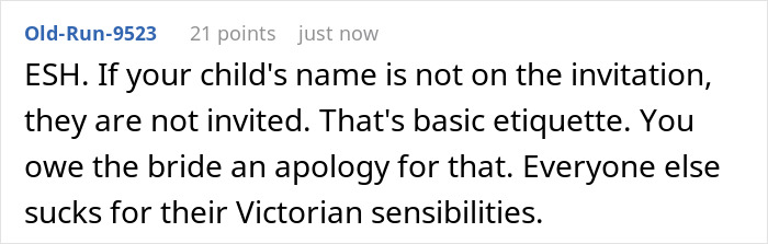 Comment discussing etiquette over a young mom bringing her illegitimate kid to a family wedding, causing controversy.