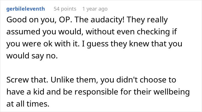 Comment discussing a pediatrician refusing to act as a nanny on a family getaway and setting boundaries. Comment discussing a pediatrician refusing to act as a nanny on a family getaway and setting boundaries.