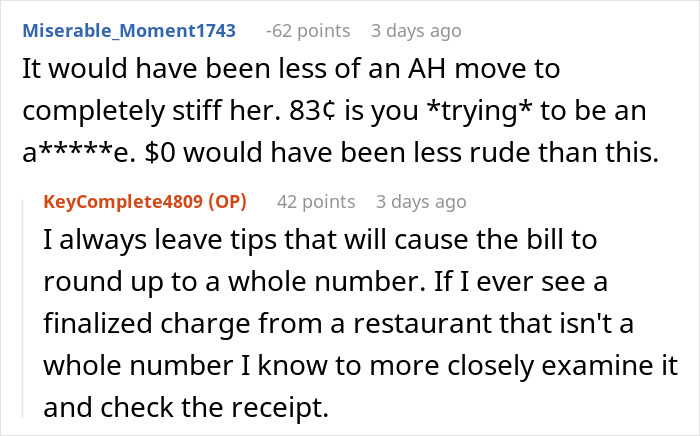 Screenshot of a forum discussion debating the ethics of tipping 83¢ and whether it is considered rude or an AH move. Screenshot of a forum discussion debating the ethics of tipping 83¢ and whether it is considered rude or an AH move.