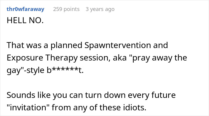 Screenshot of a Reddit comment with strong language rejecting babysitting during a family holiday invitation. Screenshot of a Reddit comment with strong language rejecting babysitting during a family holiday invitation.