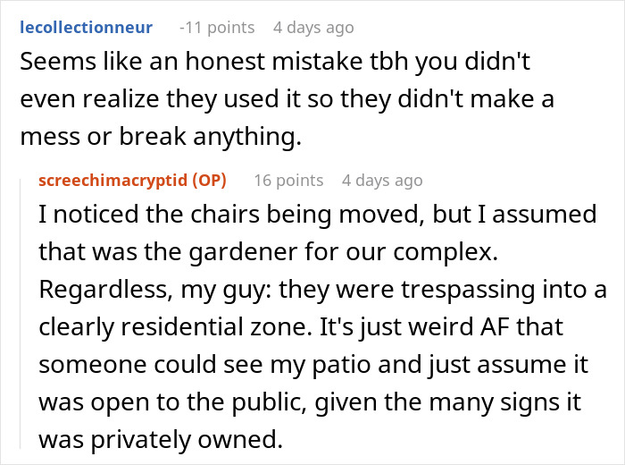 Reddit discussion about a person’s patio being trespassed on by strangers using it as their own space. Reddit discussion about a person’s patio being trespassed on by strangers using it as their own space.