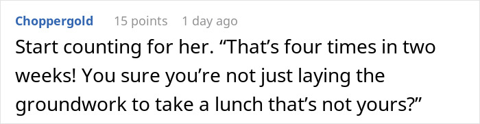 Text excerpt about a lunch thief dispute, illustrating workers adding labels to protect their food from theft. Text excerpt about a lunch thief dispute, illustrating workers adding labels to protect their food from theft.