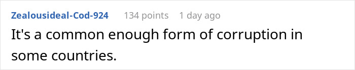Text comment on screen stating it's a common form of corruption in some countries related to job cash-in attempts. Text comment on screen stating it's a common form of corruption in some countries related to job cash-in attempts.