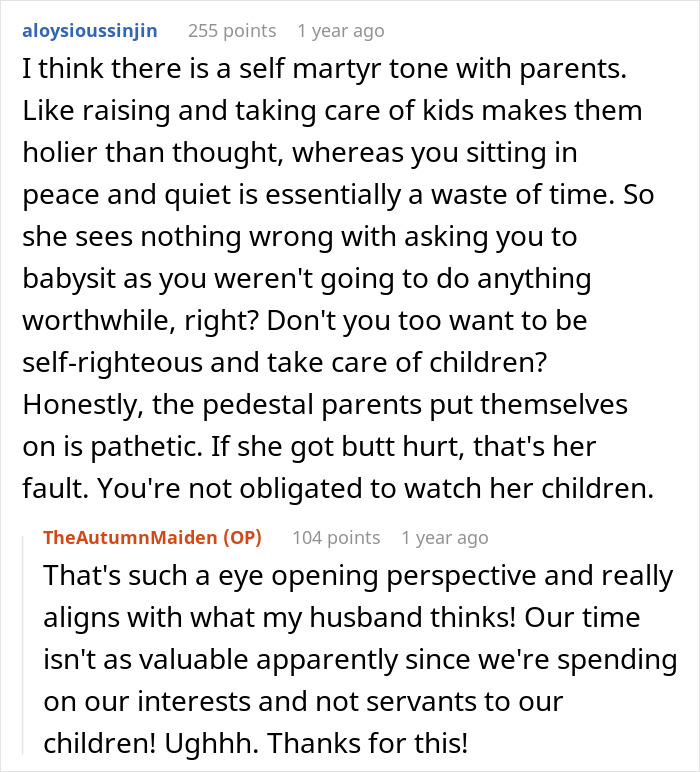 Reddit thread discussing a child-free lady warning her sister about too much babysitting and family conflicts. Reddit thread discussing a child-free lady warning her sister about too much babysitting and family conflicts.