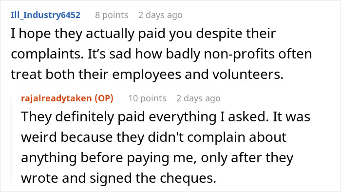 Text conversation about a non-profit accusing an employee of fudging hours and issues with employee treatment. Text conversation about a non-profit accusing an employee of fudging hours and issues with employee treatment.