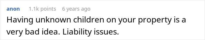 Screenshot of online comment discussing liability issues of having unknown children on rental property near a cabin with free babysitters. Screenshot of online comment discussing liability issues of having unknown children on rental property near a cabin with free babysitters.
