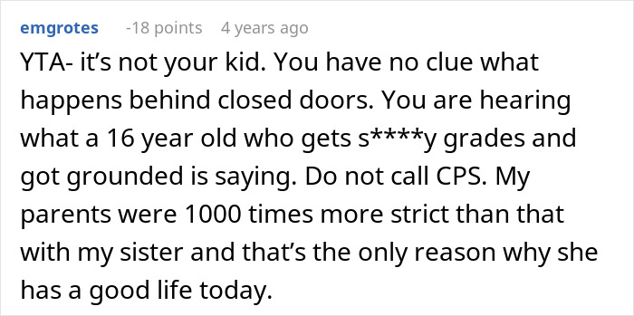 Comment discussing whether to call CPS after learning about niece’s home life, emphasizing strict parenting and consequences. Comment discussing whether to call CPS after learning about niece’s home life, emphasizing strict parenting and consequences.
