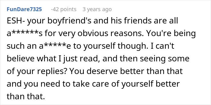Screenshot of an online comment criticizing a woman who refuses to leave party she planned after boyfriend and friends demand privacy. Screenshot of an online comment criticizing a woman who refuses to leave party she planned after boyfriend and friends demand privacy.
