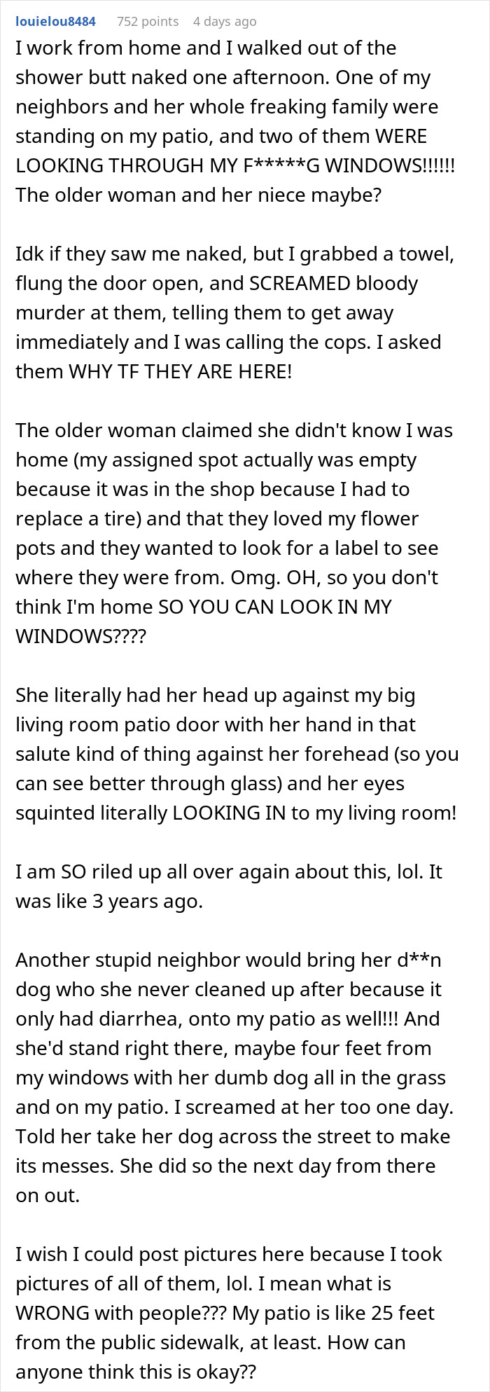 Person tries to enjoy time off but neighbors invade and use their patio as their own without permission. Person tries to enjoy time off but neighbors invade and use their patio as their own without permission.