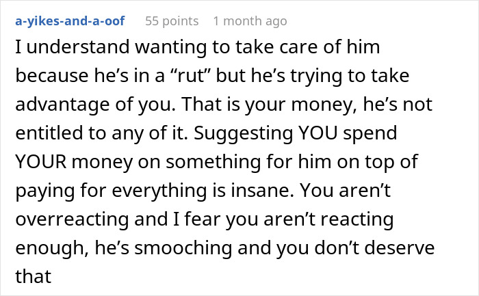 Comment explaining why a jobless guy expecting his provider girlfriend to share her $20K win and buy him a car is unreasonable and unfair. Comment explaining why a jobless guy expecting his provider girlfriend to share her $20K win and buy him a car is unreasonable and unfair.