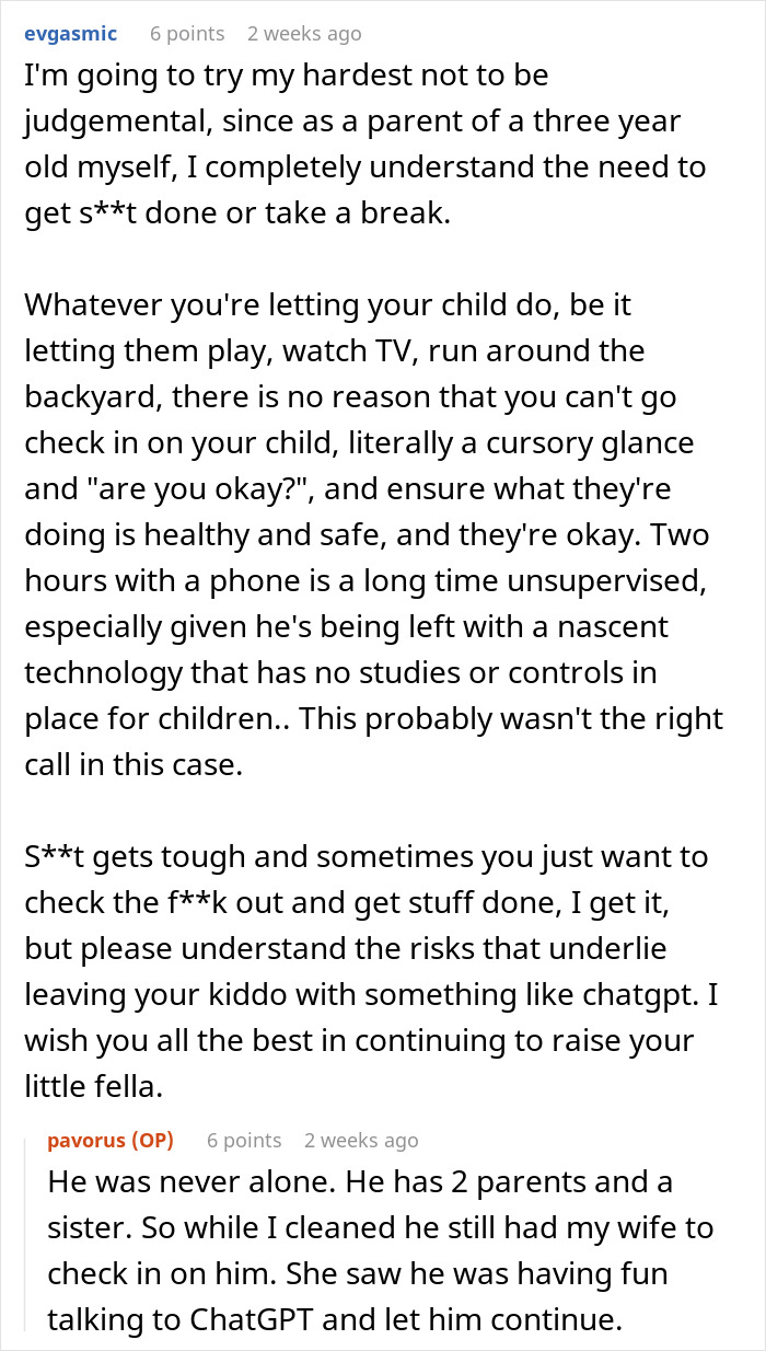 Reddit comments discussing a parent letting their 4-year-old talk to ChatGPT on a new iPad for hours.