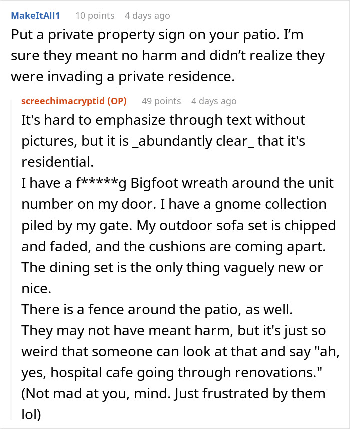 Commenters discuss strangers mistakenly using a private residential patio, highlighting the frustration of patio invasion by others. Commenters discuss strangers mistakenly using a private residential patio, highlighting the frustration of patio invasion by others.