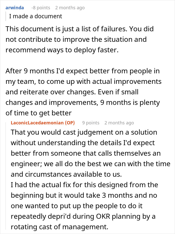 Screenshot of a Reddit discussion about challenges with deployment rules and management reconsidering the policy. Screenshot of a Reddit discussion about challenges with deployment rules and management reconsidering the policy.