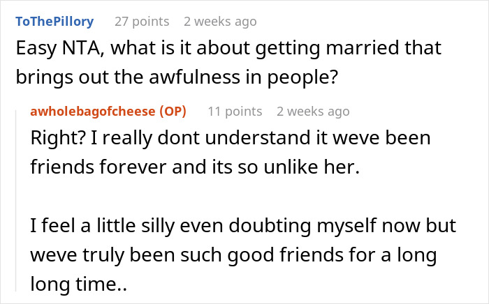 Screenshot of an online discussion where a MOH refuses to hide psoriasis for bestie’s wedding, leading to conflict with the bride. Screenshot of an online discussion where a MOH refuses to hide psoriasis for bestie’s wedding, leading to conflict with the bride.