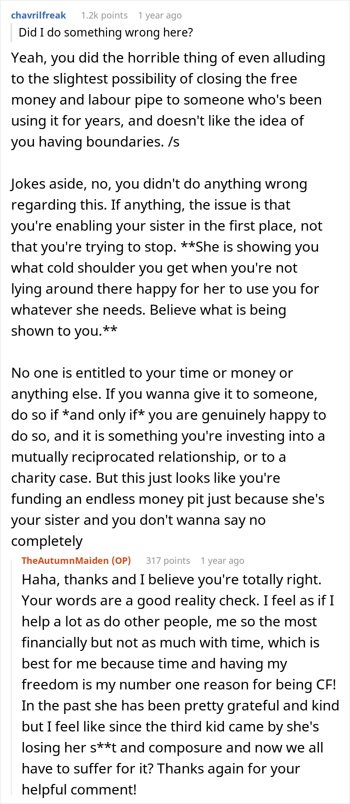Comment thread discussing child-free lady setting boundaries on babysitting and her sister's reaction to it. Comment thread discussing child-free lady setting boundaries on babysitting and her sister's reaction to it.