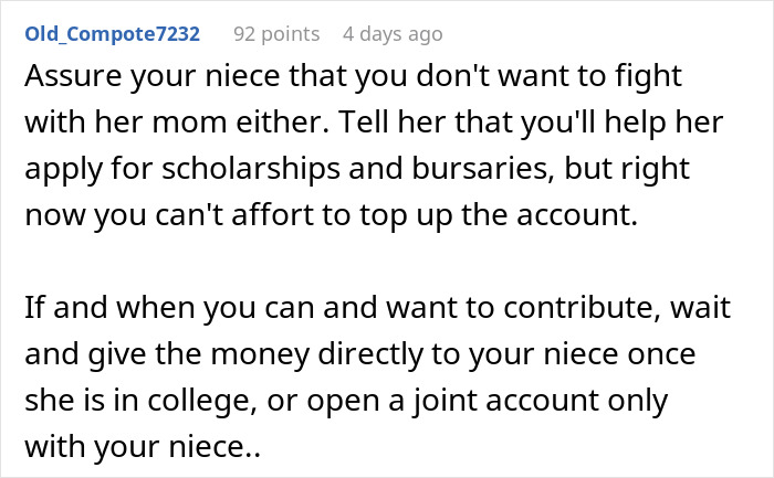 Comment advising a woman on handling niece's college fund used for prom without asking, focusing on scholarships and saving. Comment advising a woman on handling niece's college fund used for prom without asking, focusing on scholarships and saving.