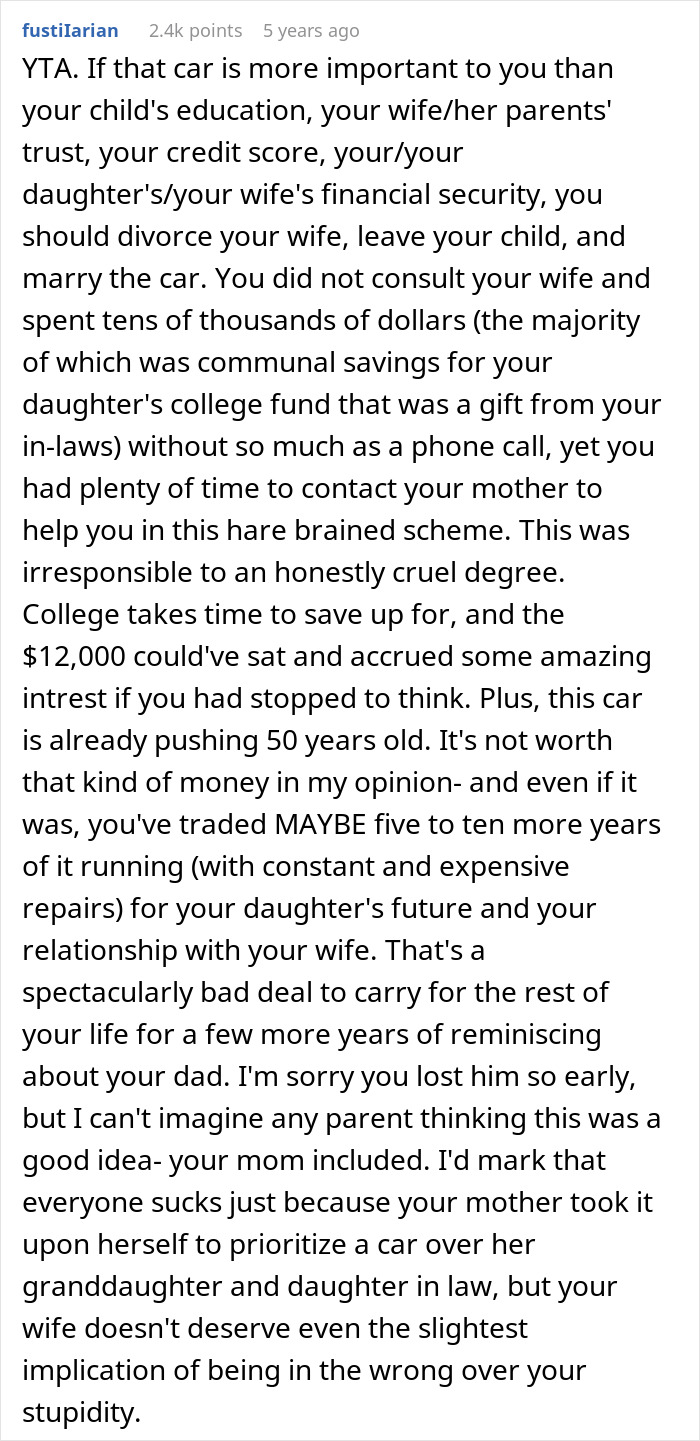 Text post criticizing a man for buying a 1972 Ford Bronco by deceiving his postpartum wife, risking family trust and finances. Text post criticizing a man for buying a 1972 Ford Bronco by deceiving his postpartum wife, risking family trust and finances.
