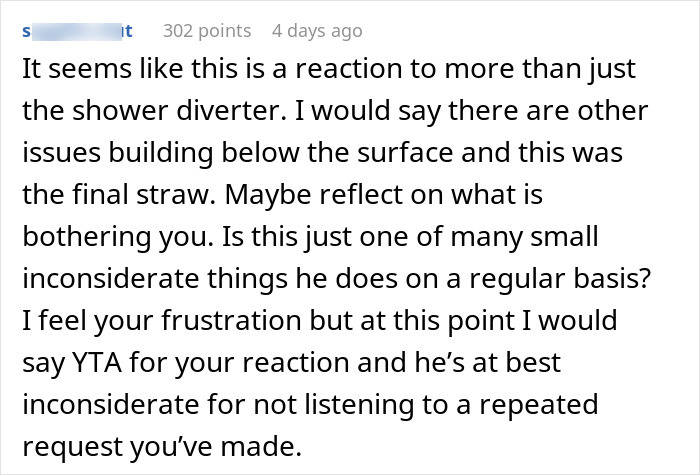 Comment discussing a wife threatening a cold shower for her husband due to his bad memory and repeated inconsiderate actions. Comment discussing a wife threatening a cold shower for her husband due to his bad memory and repeated inconsiderate actions.