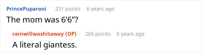 Screenshot of an online discussion about a tall mom, highlighting an exchange mentioning babysitters and clueless neighbors. Screenshot of an online discussion about a tall mom, highlighting an exchange mentioning babysitters and clueless neighbors.