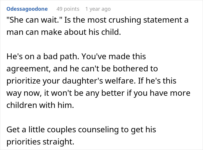 Comment discussing a husband’s lack of priorities, with wife sacrificing sleep and Sunday deal becoming one-sided effort. Comment discussing a husband’s lack of priorities, with wife sacrificing sleep and Sunday deal becoming one-sided effort.