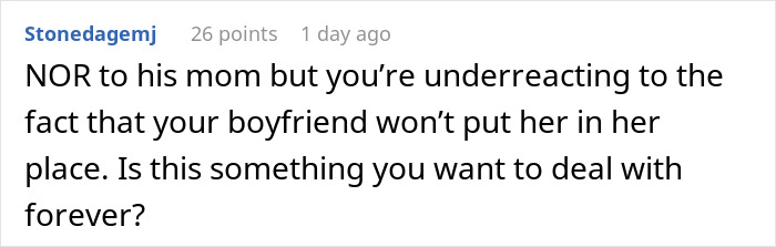 Screenshot of a Reddit comment discussing a woman being called a downgrade by her boyfriend’s mom and compared to his classy ex.