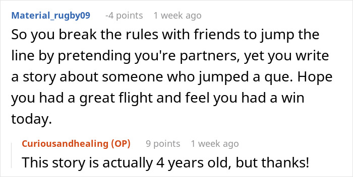 Plane passenger cutting cue at airport security line gets swiftly put in her proper place behind others. Plane passenger cutting cue at airport security line gets swiftly put in her proper place behind others.