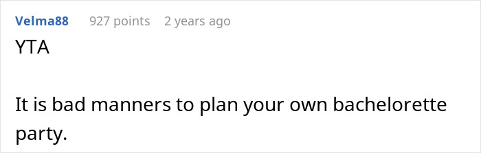Screenshot of an online comment discussing a bride’s dream bachelorette turning into a lonely cry-fest due to strict rules. Screenshot of an online comment discussing a bride’s dream bachelorette turning into a lonely cry-fest due to strict rules.