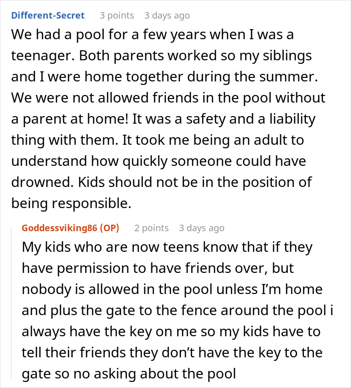 Discussion about safety rules for friends and stepdaughter at a pool party, emphasizing parental supervision and access control.