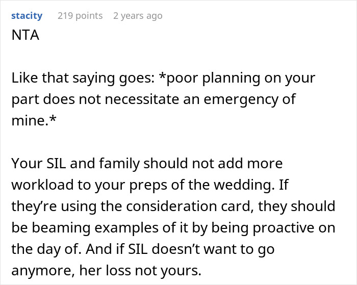 Reddit comment discussing wedding menu drama after bride closed all food options two months ago. Reddit comment discussing wedding menu drama after bride closed all food options two months ago.