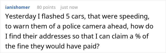 Screenshot of a Reddit post where a user asks about claiming a percentage of speeding fine addresses. Screenshot of a Reddit post where a user asks about claiming a percentage of speeding fine addresses.