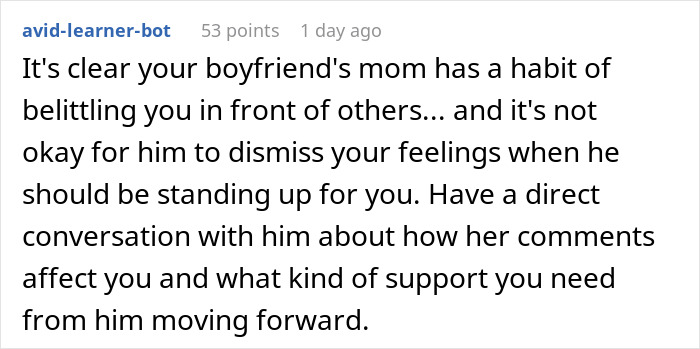 Text comment about a woman being belittled by boyfriend’s mom and advice to have a direct conversation for support.