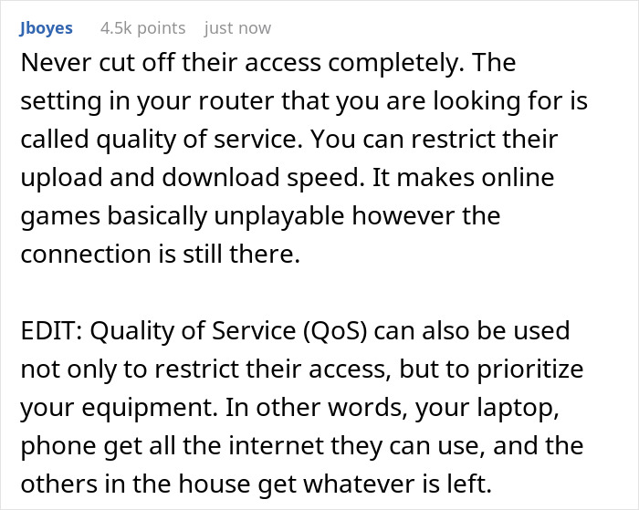 Text explaining quality of service settings in a router to limit upload and download speed during gaming marathons. Text explaining quality of service settings in a router to limit upload and download speed during gaming marathons.