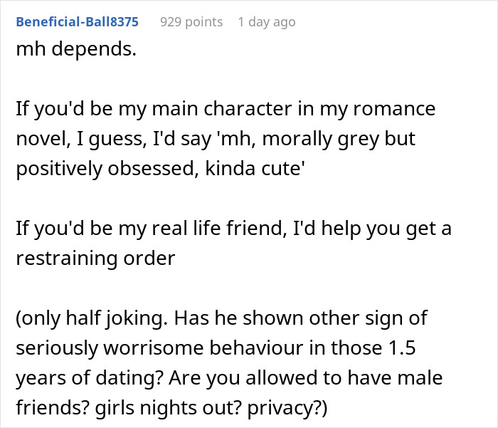 Text post from an online forum discussing moral ambiguity and stalking behavior in a relationship context. Text post from an online forum discussing moral ambiguity and stalking behavior in a relationship context.
