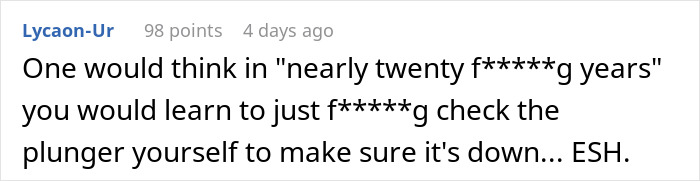 Comment discussing frustration over husband’s bad memory related to plumbing maintenance and mention of cold shower threat. Comment discussing frustration over husband’s bad memory related to plumbing maintenance and mention of cold shower threat.