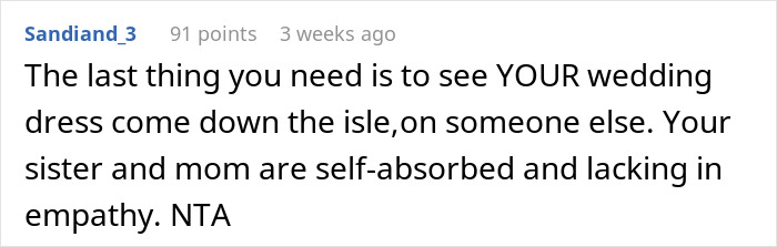 Comment about wedding dress sisters drama, expressing frustration with family lacking empathy during wedding preparations. Comment about wedding dress sisters drama, expressing frustration with family lacking empathy during wedding preparations.