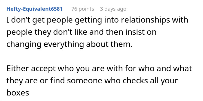 Text post discussing girlfriend behaviour change in relationship, highlighting acceptance versus trying to change a partner.