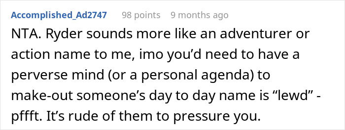 Forum comment discussing foster name change parents and opinions on the appropriateness of the name Ryder in a personal context.
