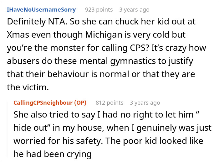 Reddit comments discussing mom throwing kid out on cold Christmas night and neighbors calling CPS for safety concerns.