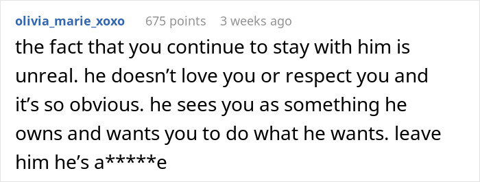 Screenshot of a social media comment addressing a guy waking up his girlfriend to yell at her for not wearing sexy clothes. Screenshot of a social media comment addressing a guy waking up his girlfriend to yell at her for not wearing sexy clothes.